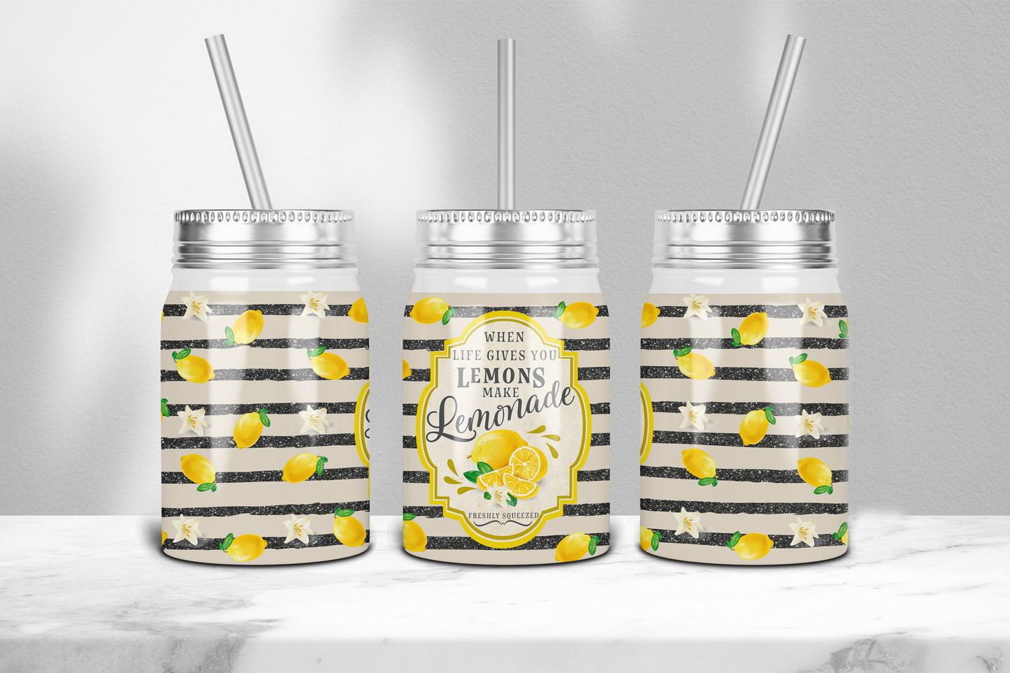 17 oz Moonshine Tumbler by Macies Handmade Treasure's with lemon design and black white stripes featuring lemonade quote