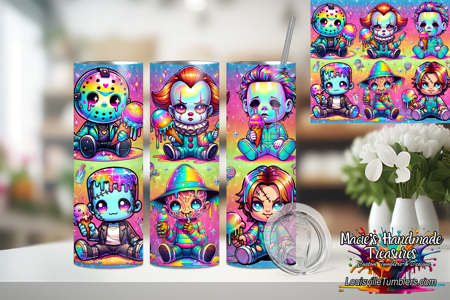 20oz baby summerween tumbler with colorful horror character designs by Macies Handmade Treasure's