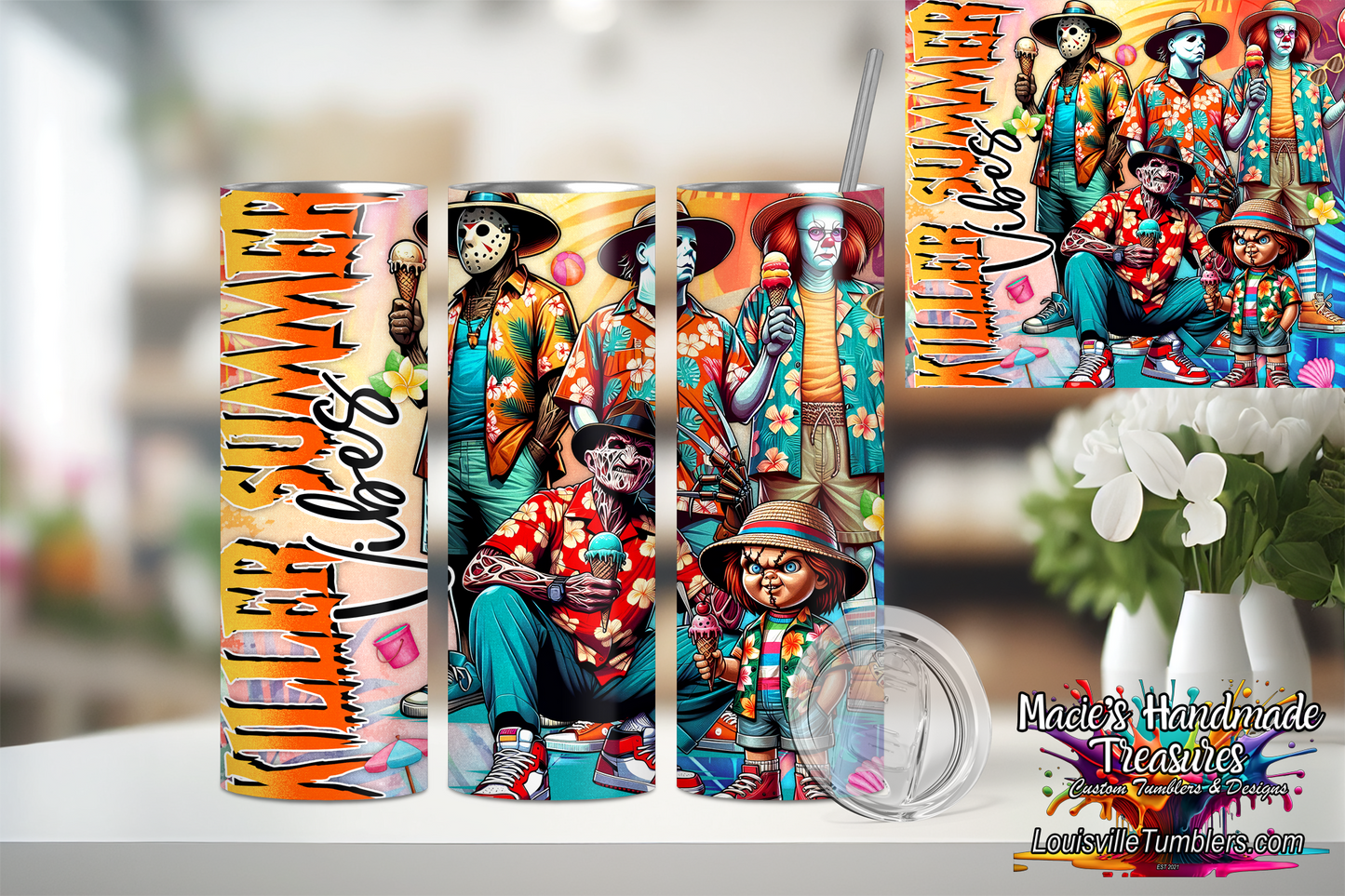 20oz killer summer vibes tumbler with colorful skeleton beach party design and floral accents