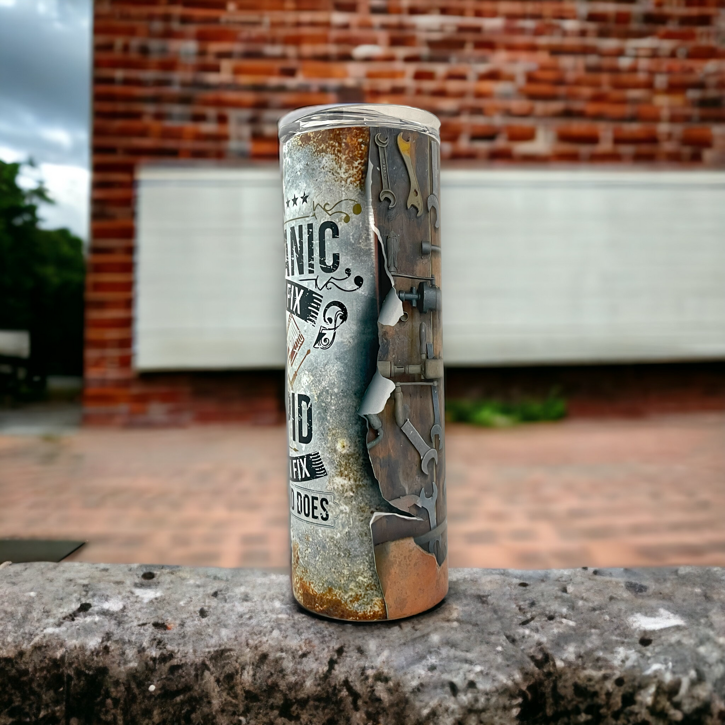 20oz mechanic tumbler by Macies Handmade Treasure's with vintage tools design and distressed metal finish