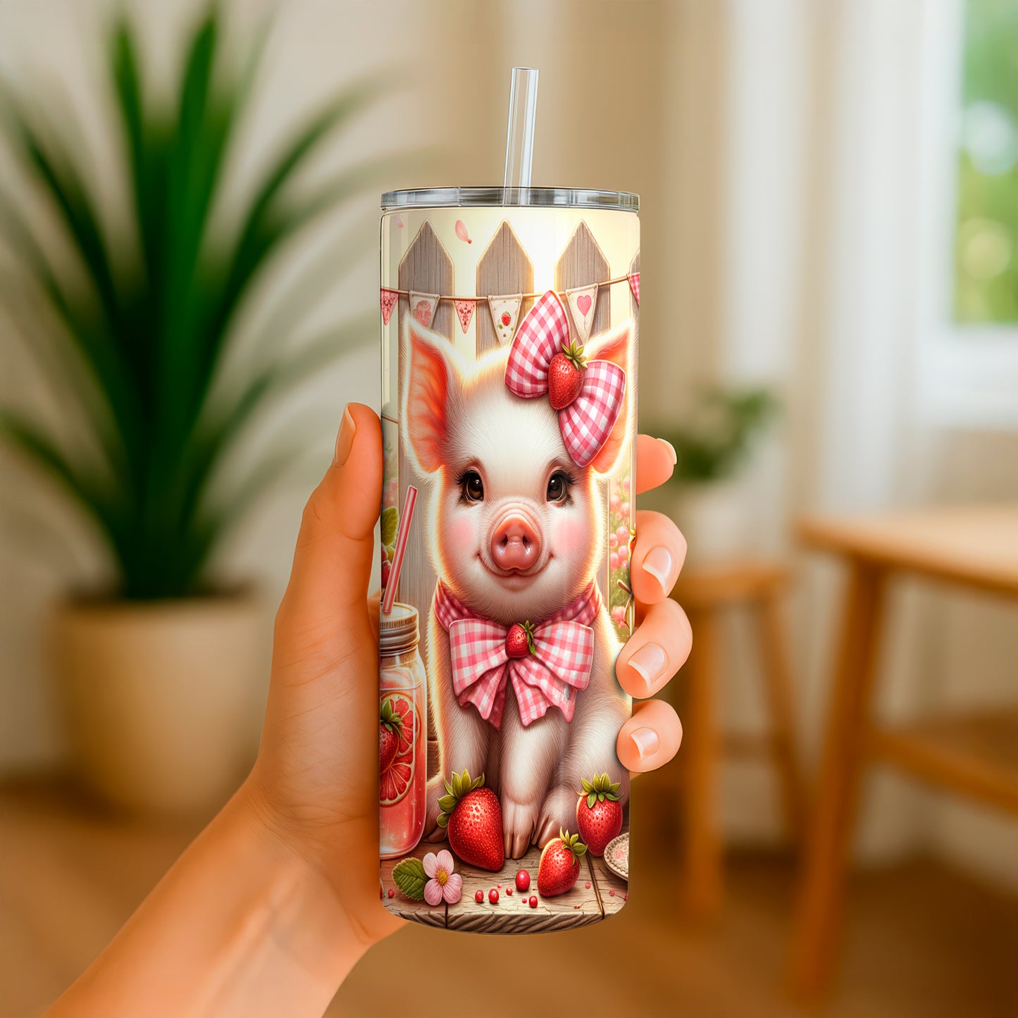 20oz Macies Handmade Treasure's strawberry tumbler with cute pig design and pink bow accents