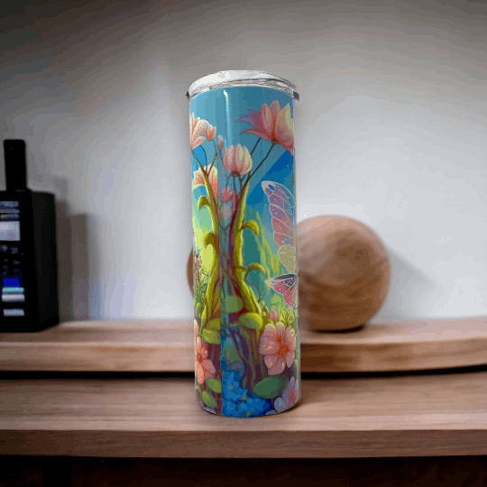 Macies Handmade Treasure's tumbler 20oz with colorful floral and butterfly design on blue background