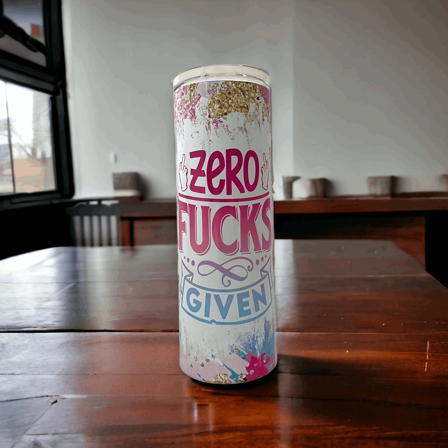 20oz Macies Handmade Treasure's yeti tumbler yeti with white background and colorful zero fucks given design