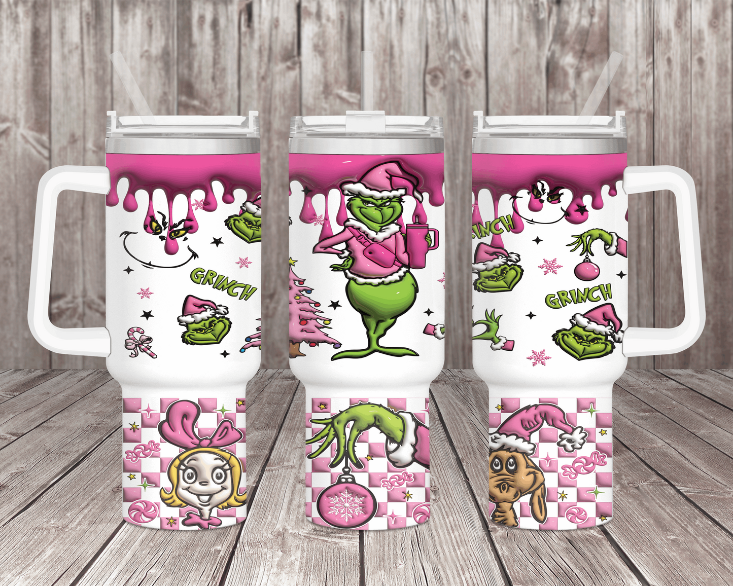 40oz Grinch with a Pink Tree