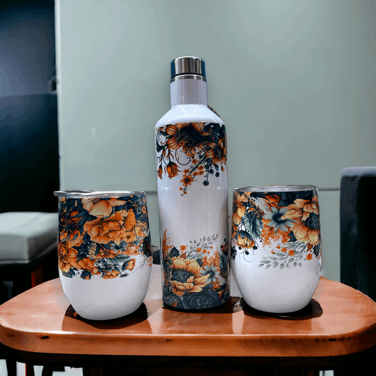 Wine Gift Set Black and Orange Floral