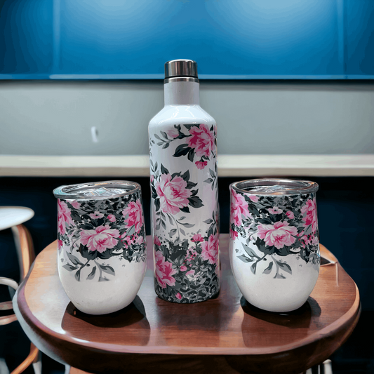 Wine Gift Set Pink & Black Floral