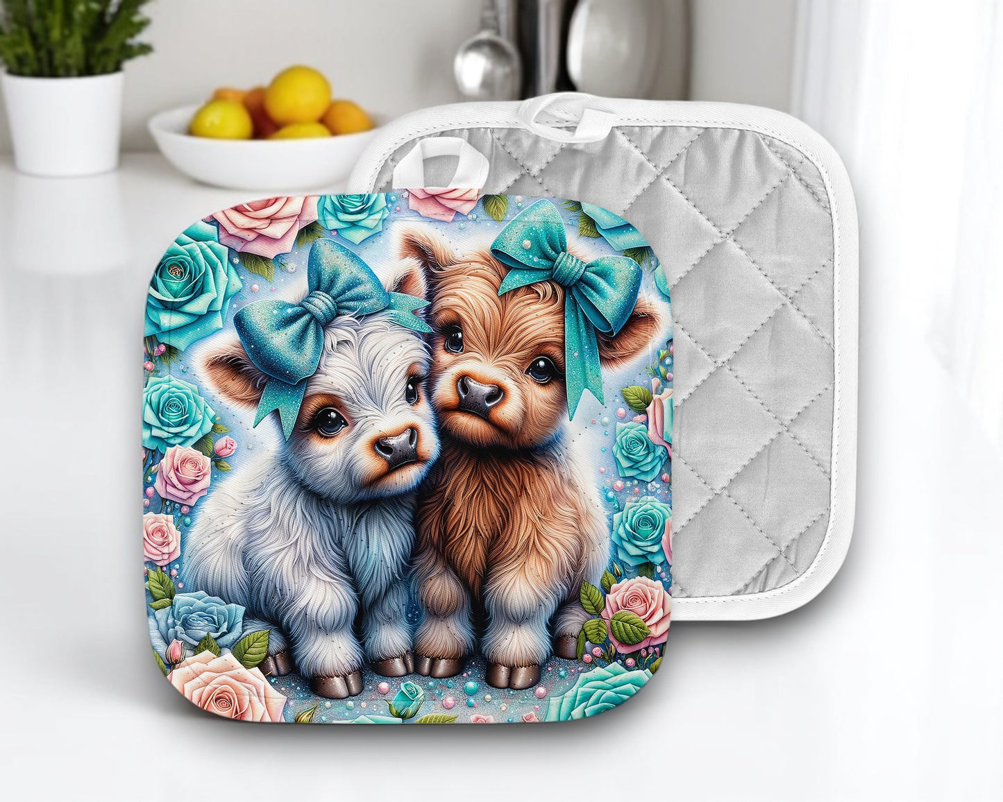 Pot Holder Baby cows, Blue bows