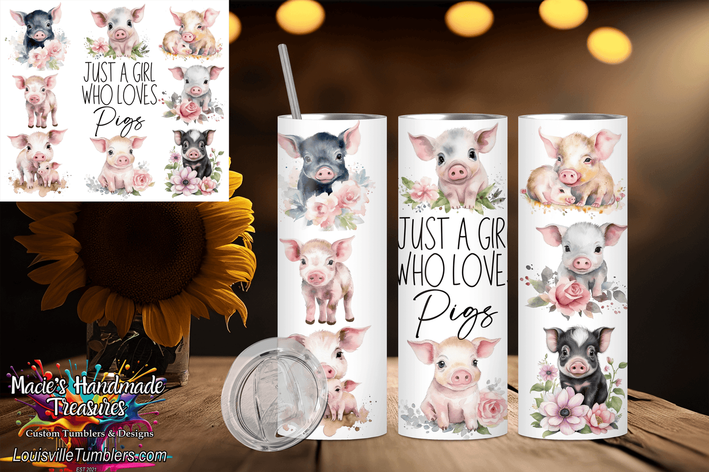 Just a girl who loves pigs tumbler 20oz with cute pig illustrations by Macies Handmade Treasure's