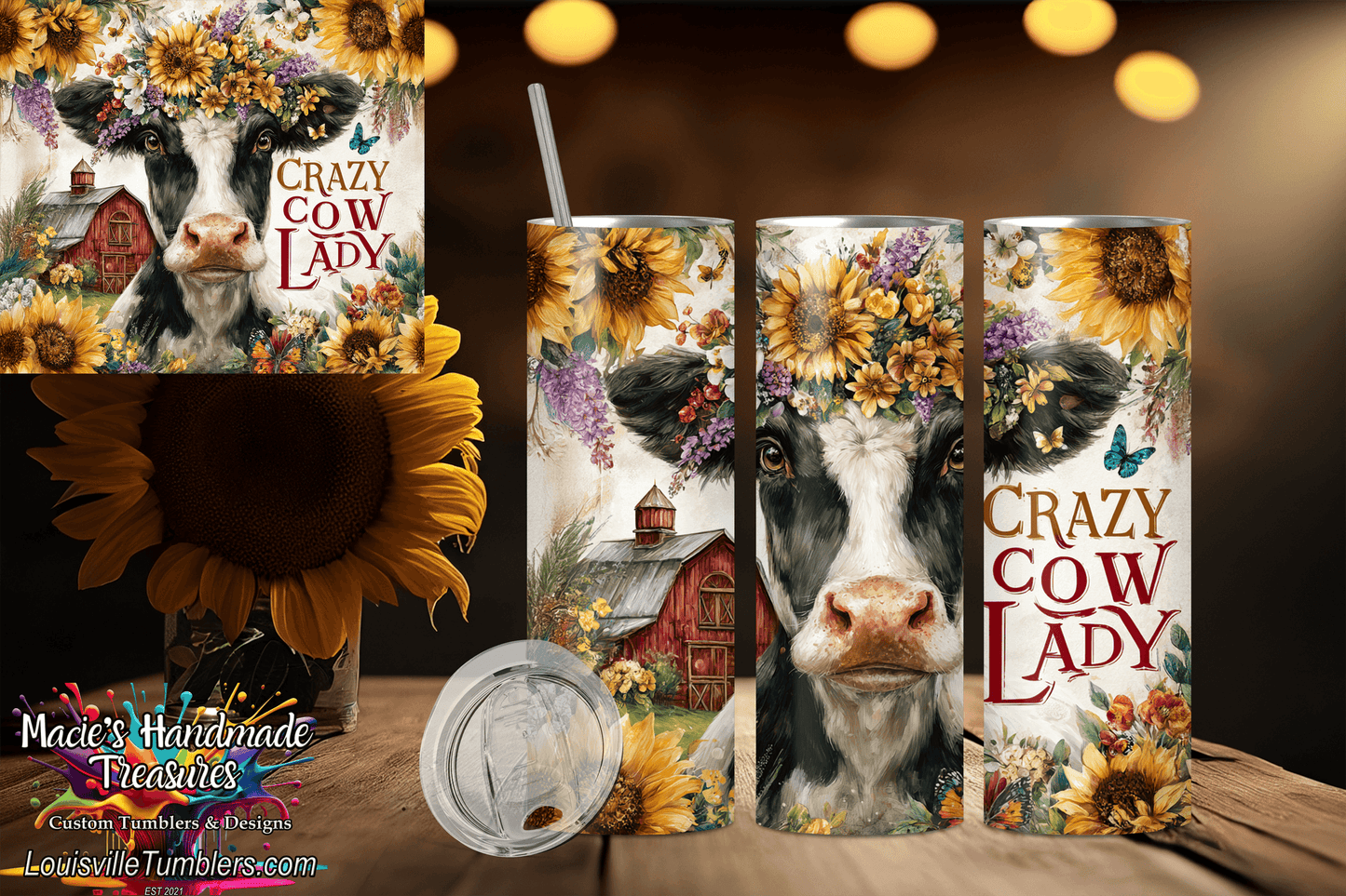 Macies Handmade Treasure's 20oz crazy cow lady tumbler with sunflower design and cow illustration