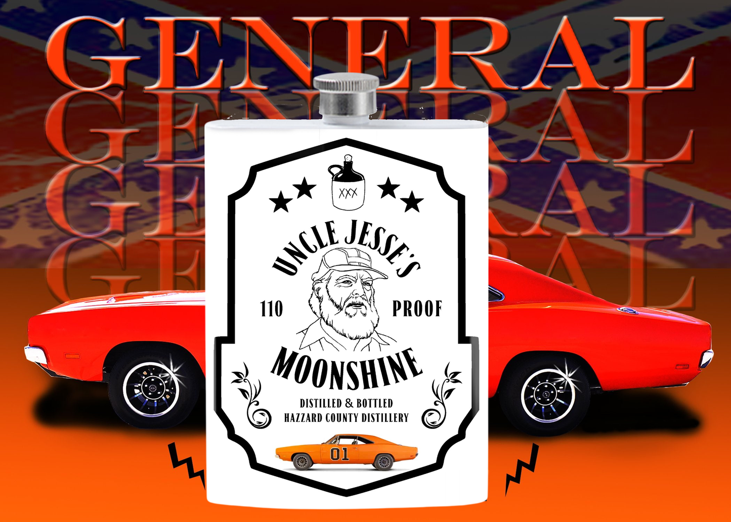 7oz white hydro-flask styled flask with Uncle Jesse's Moonshine design and orange classic car graphic