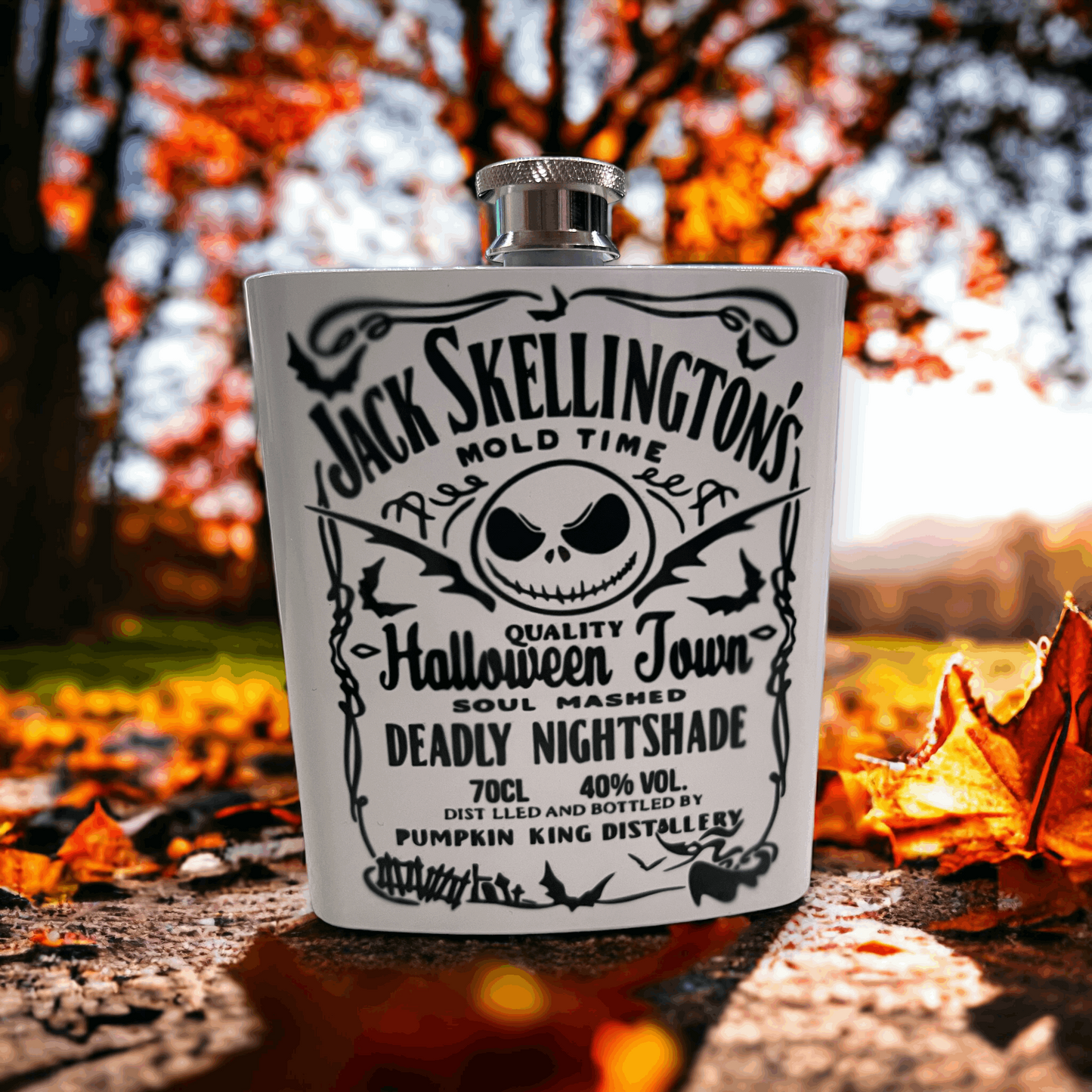 7oz flask featuring jack skellington and Halloween Town design by Macies Handmade Treasures