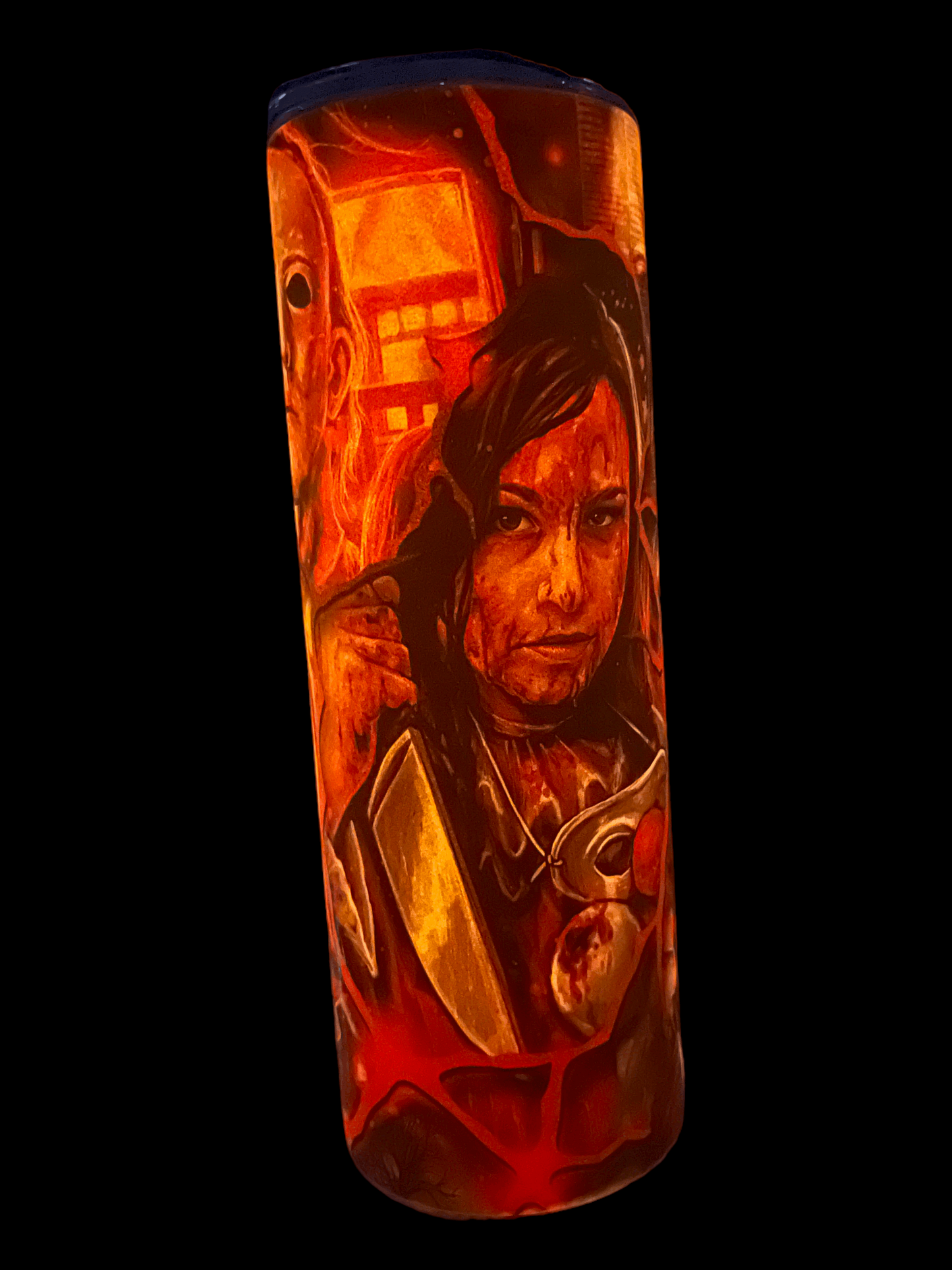 Macies Handmade Treasure's 20oz Tumbler featuring Michael Myers in Halloween design with detailed horror artwork