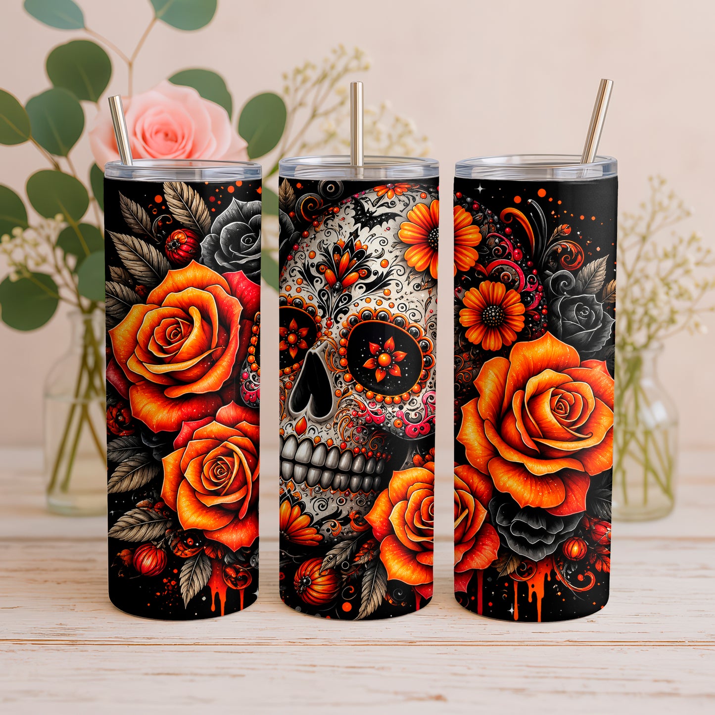 20 oz Sugar Skull with Orange Roses Tumbler