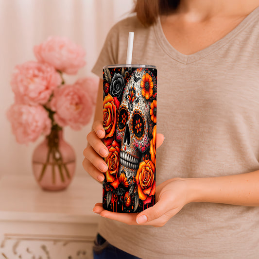 20 oz Sugar Skull with Orange Roses Tumbler