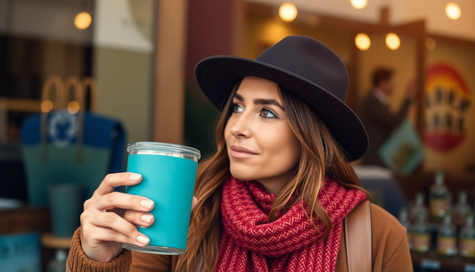 a  women holding a tumbler wondering if to buy