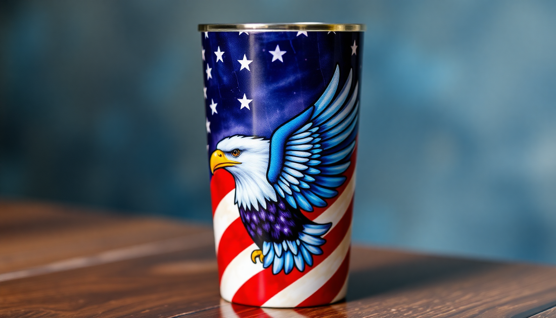 20oz stainless steel insulated tumbler with American flag background and detailed flying eagle design