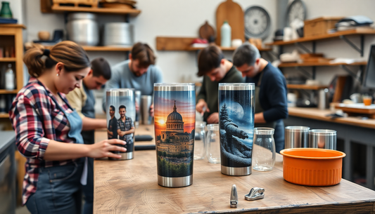 a shop with some people making custom stainless steel sublimation 20 oz tumblers with images on them