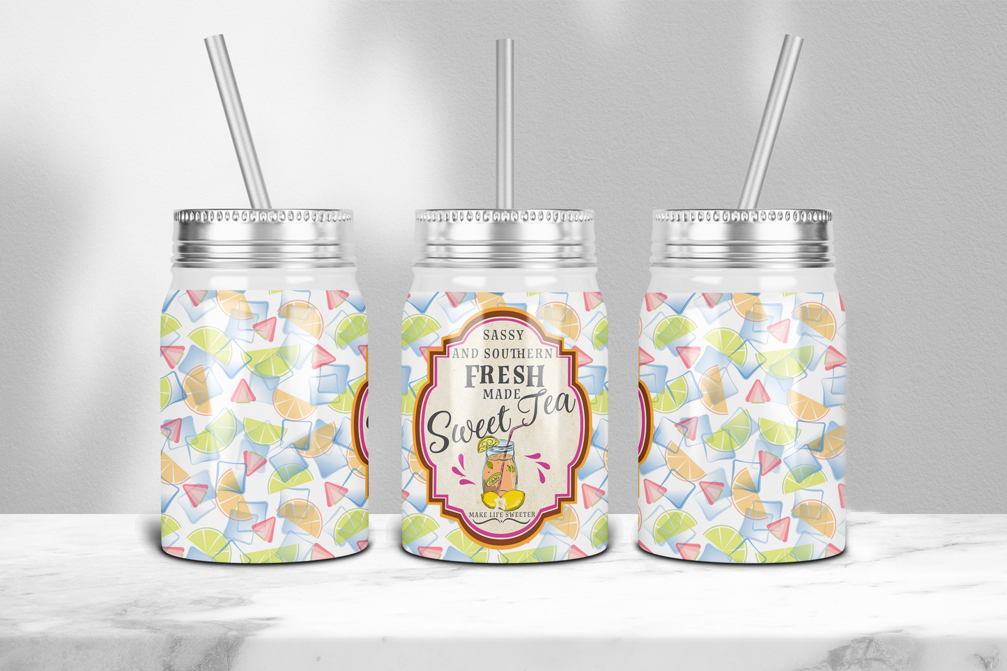 17 oz Macies Handmade Treasures moonshine tumbler with colorful geometric design and sweet tea label