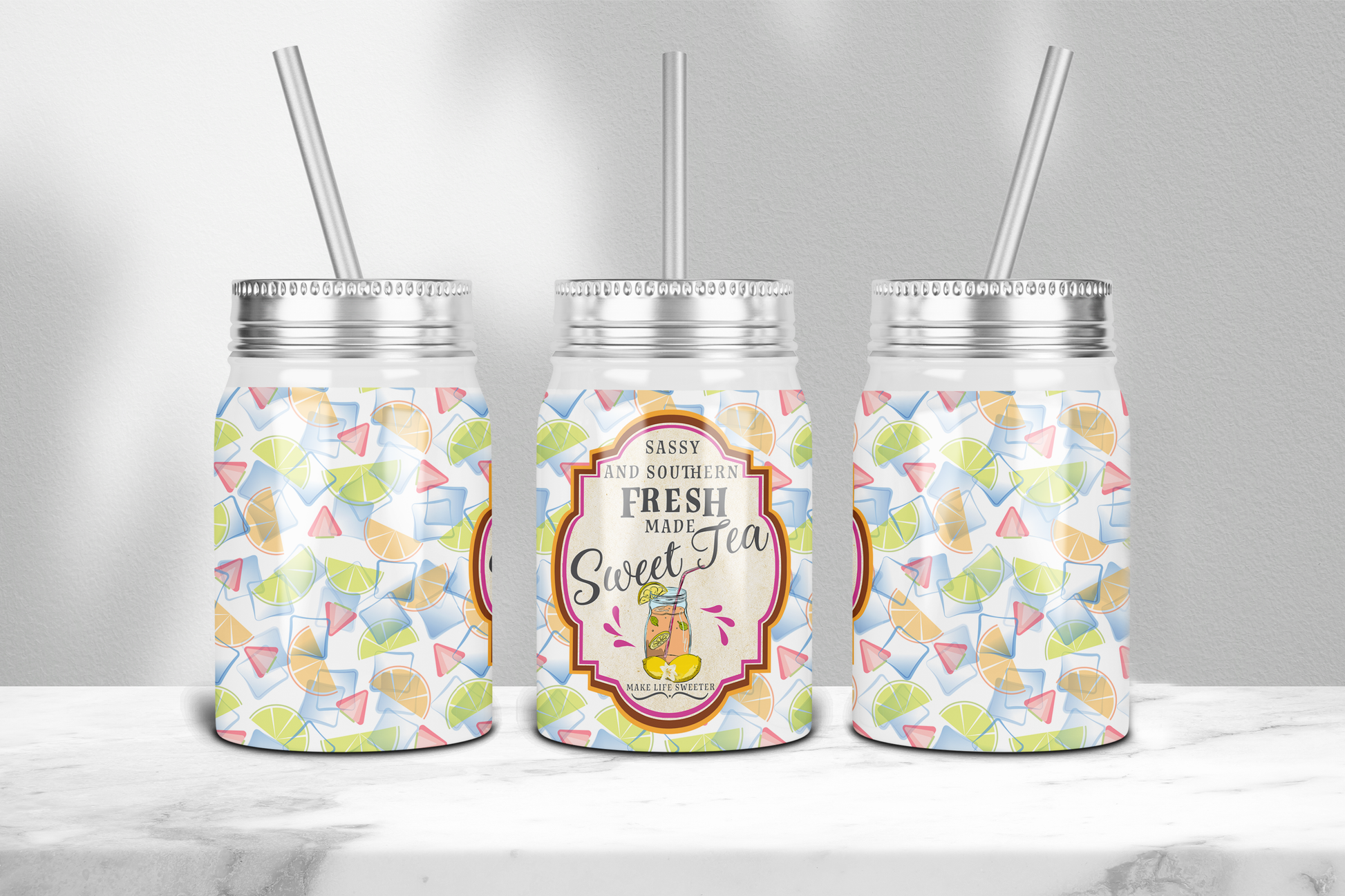 17 oz Macies Handmade Treasures moonshine tumbler with colorful geometric design and sweet tea label