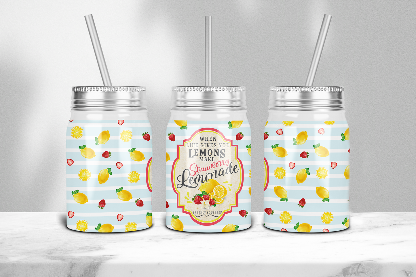 17 oz liquor moonshine tumbler with lemon strawberry design and clear lid with straw by Macies Handmade Treasure's