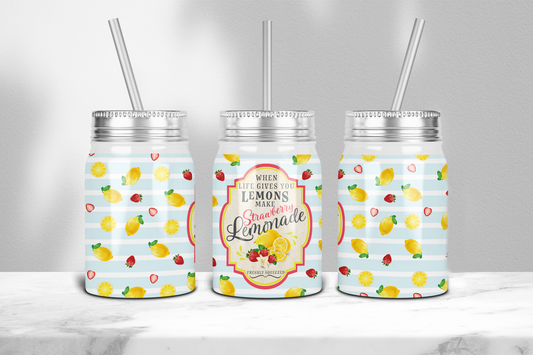 17 oz liquor moonshine tumbler with lemon strawberry design and clear lid with straw by Macies Handmade Treasure's