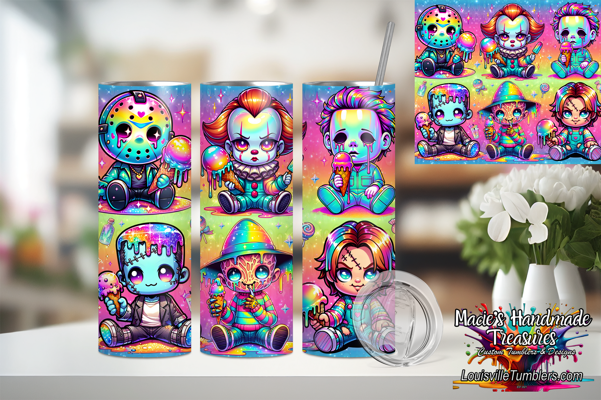 20oz baby summerween tumbler with colorful horror character designs by Macies Handmade Treasure's