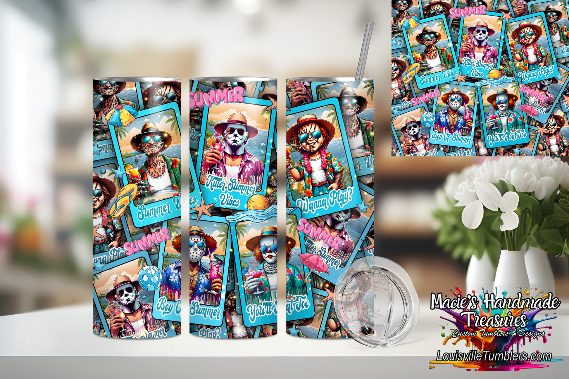 20oz boys of summer tumbler with colorful skull designs in summer theme by Macies Handmade Treasures