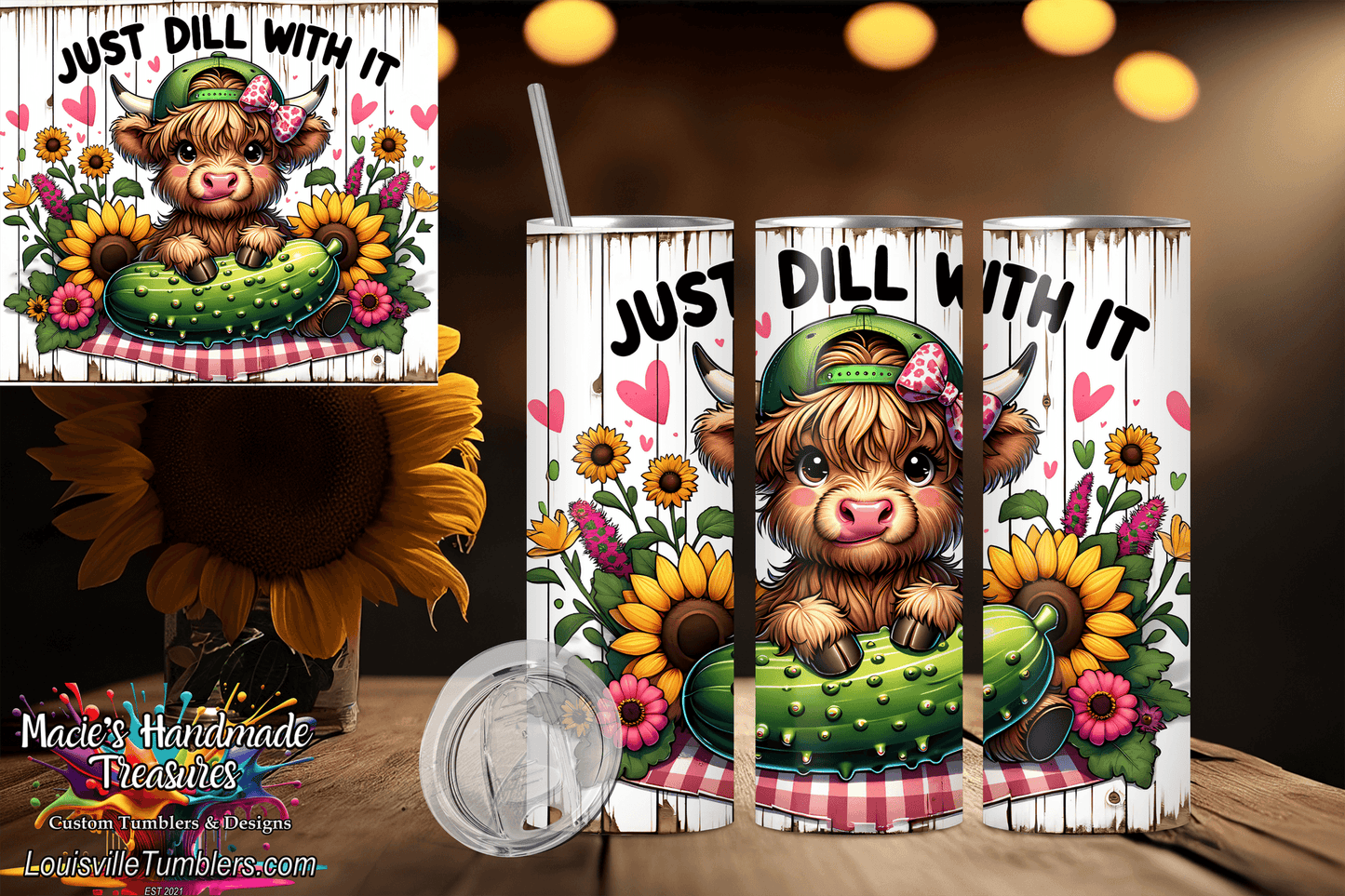 Macies Handmade Treasure's 20oz cow tumbler with cute cow and sunflower design and Just Dill With It text