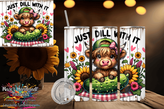 Macies Handmade Treasure's 20oz cow tumbler with cute cow and sunflower design and Just Dill With It text
