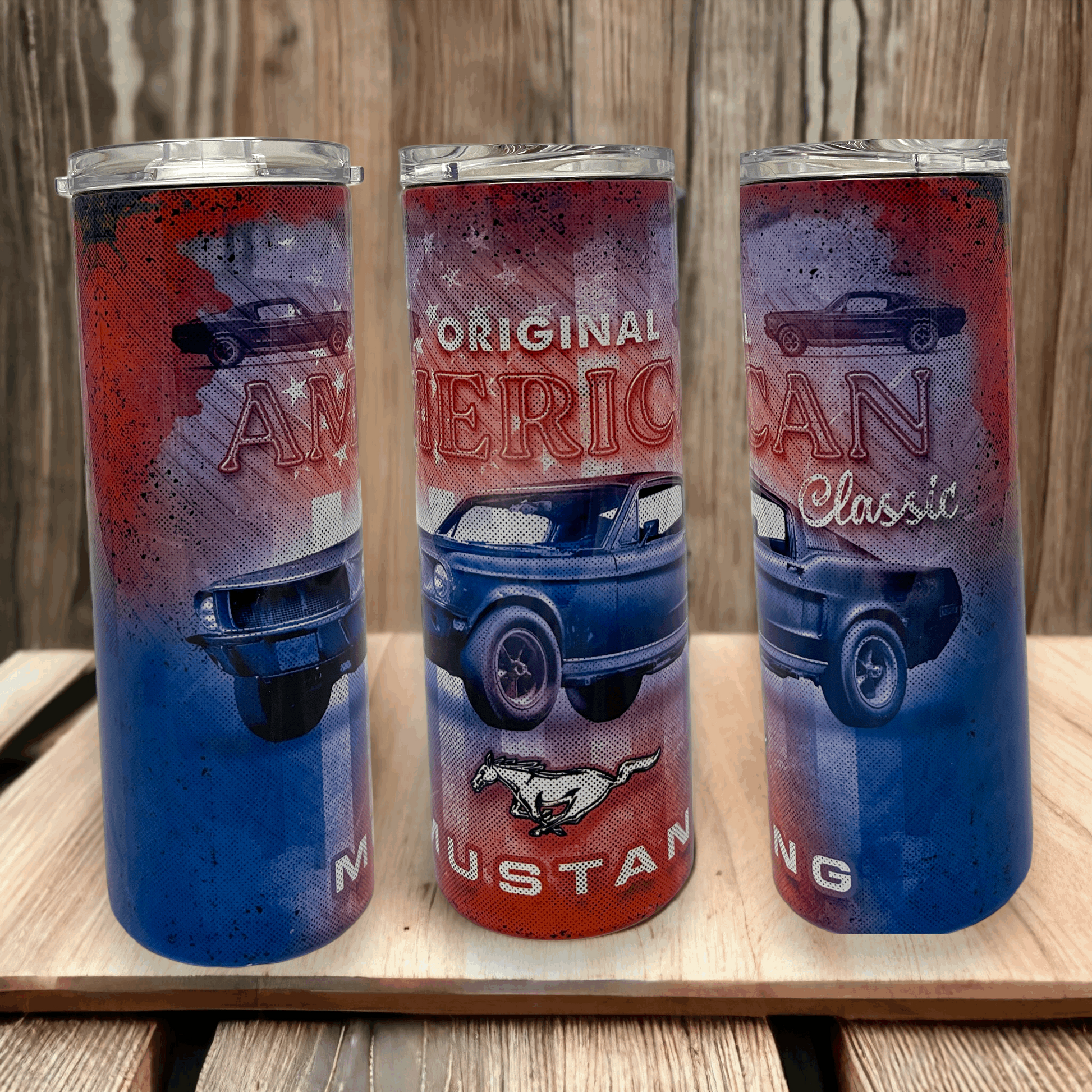 20oz ford mustang tumbler with red white and blue vintage car design and original American classic text
