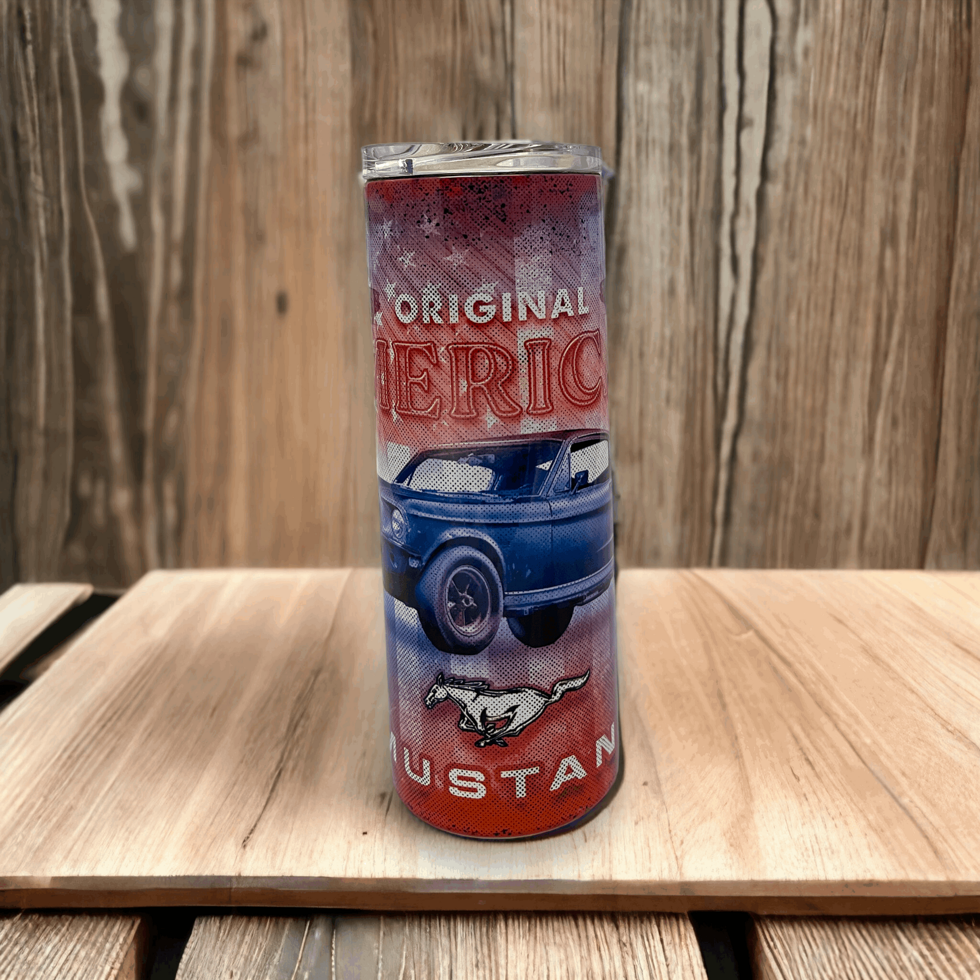 20oz ford mustang tumbler with vintage red white blue design and Mustang car graphic