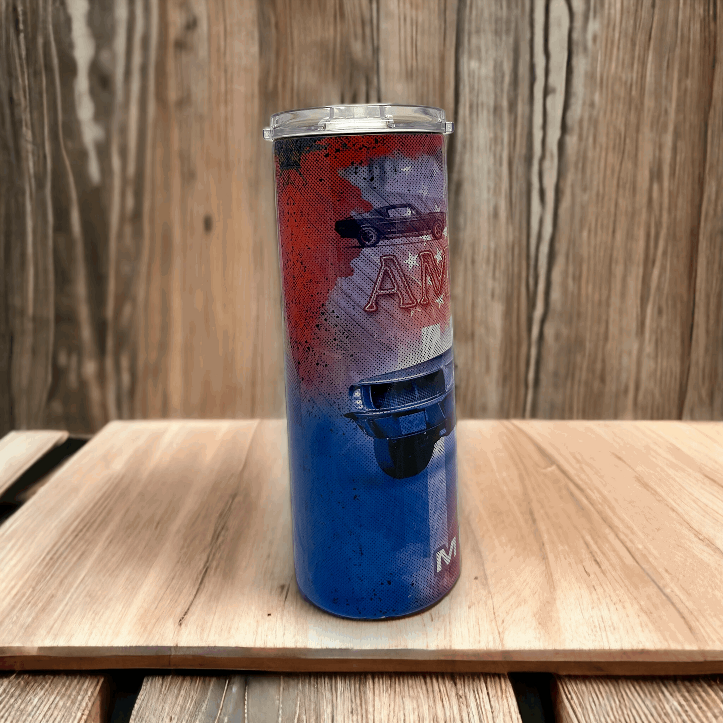 20oz stainless steel ford mustang tumbler in red blue design with clear lid by Macies Handmade Treasure's