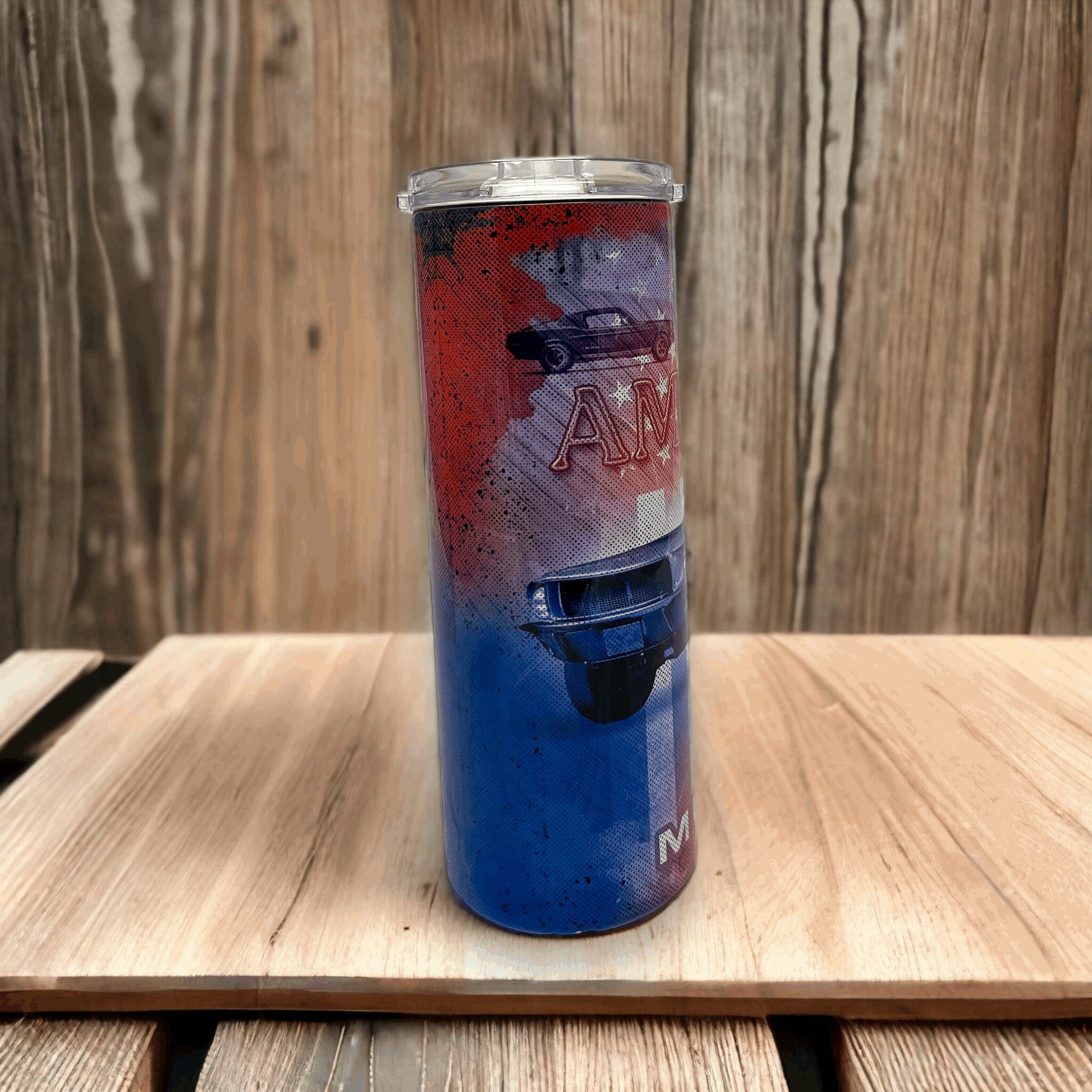 20oz stainless steel ford mustang tumbler in red blue design with clear lid by Macies Handmade Treasure's