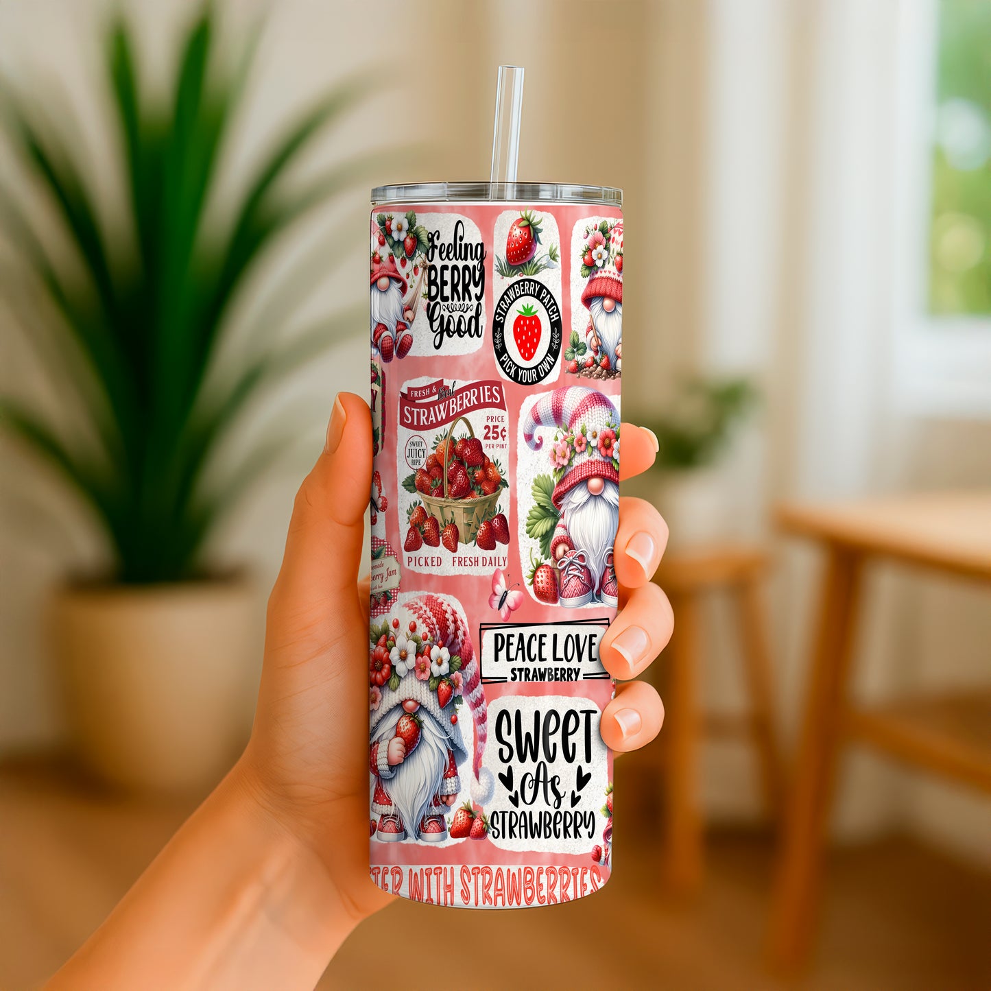 20oz gnome tumbler with strawberry design and colorful gnome illustrations by Macies Handmade Treasure's