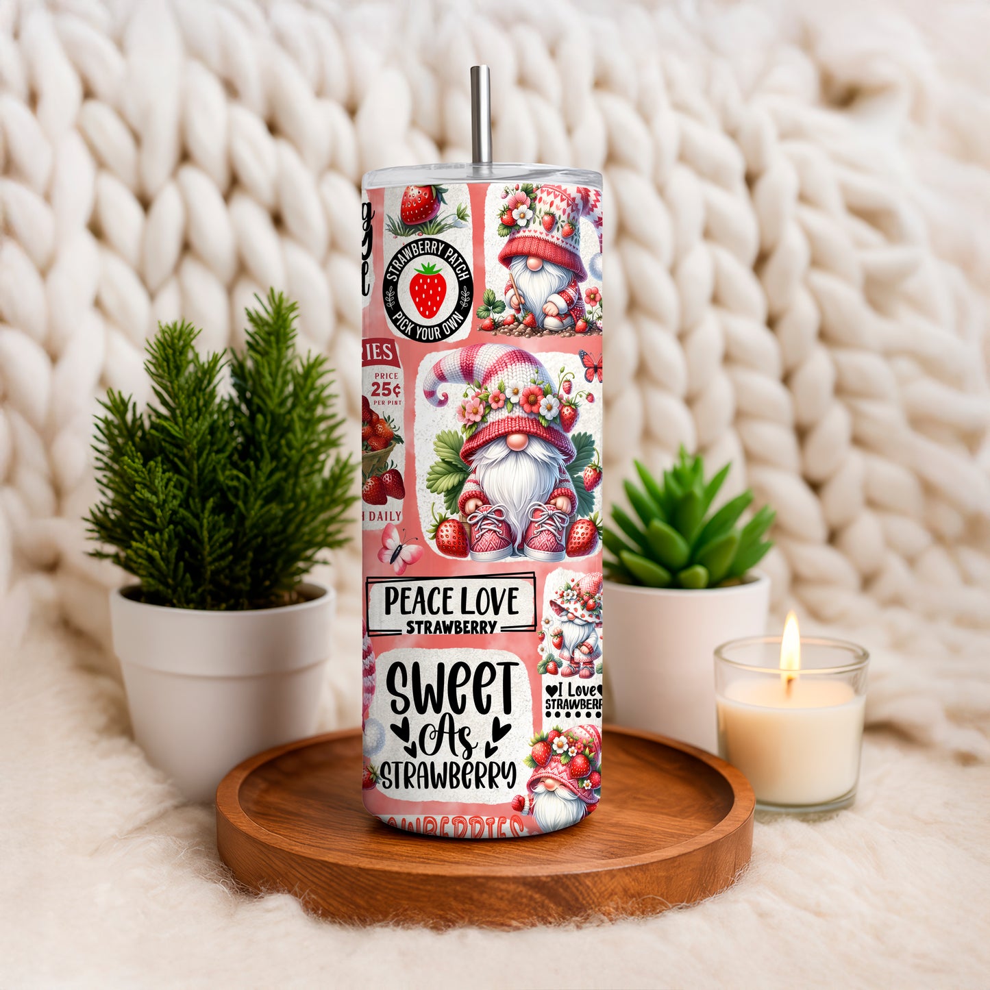 20oz gnome tumbler with colorful strawberry gnome design and personalized text by Macies Handmade Treasure's