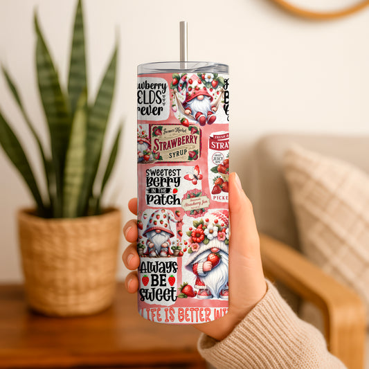 20oz gnome tumbler with colorful strawberry-themed design and cute gnome illustrations