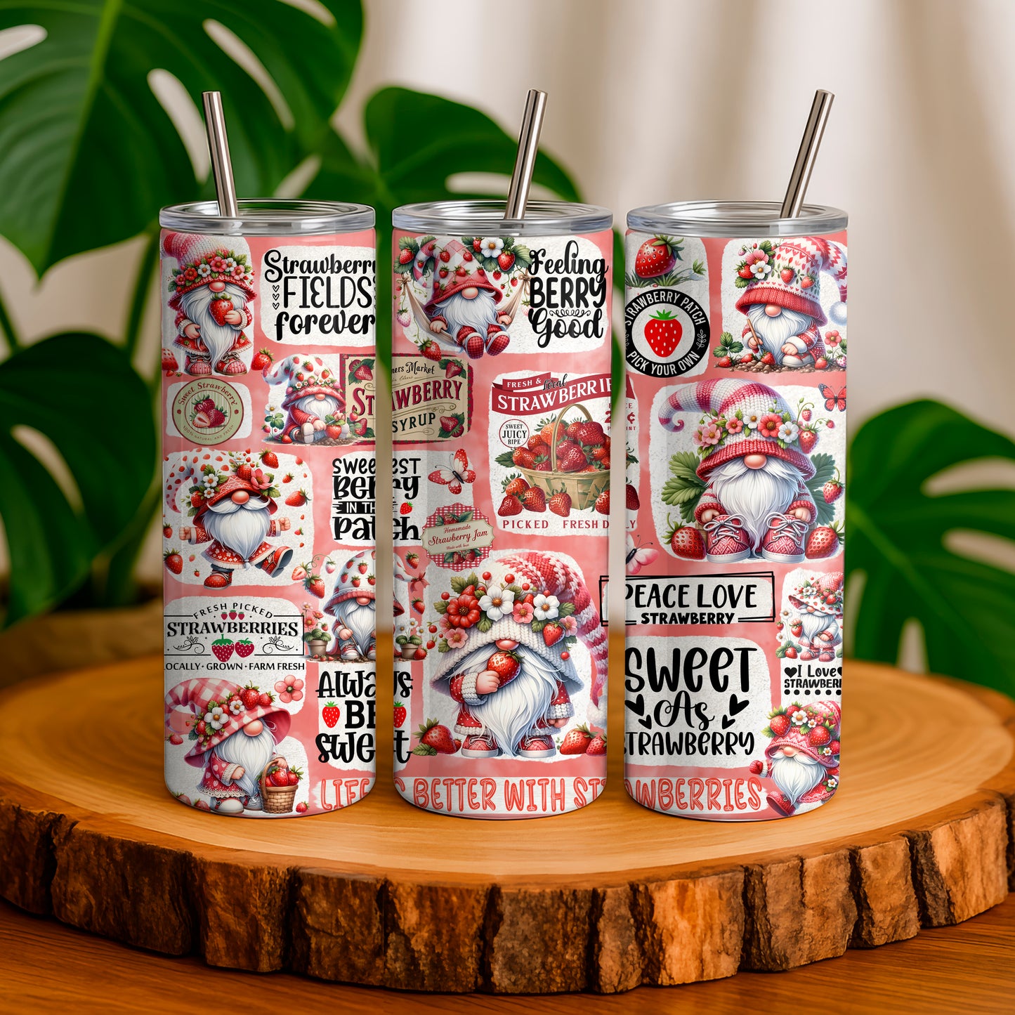 20oz gnome tumbler with colorful strawberry-themed design and stainless steel straw by Macies Handmade Treasure's