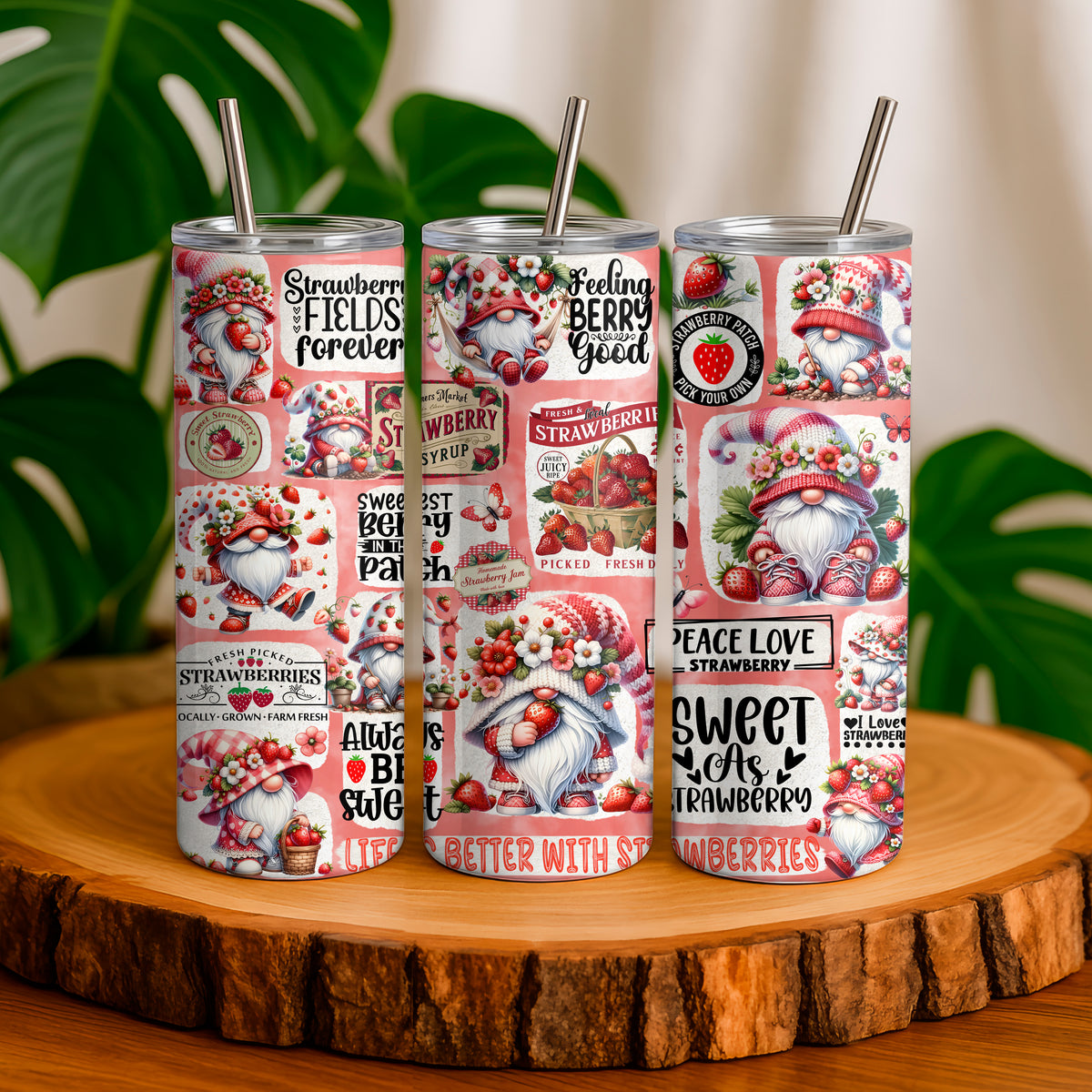 20oz gnome tumbler with colorful strawberry-themed design and stainless steel straw by Macies Handmade Treasure's