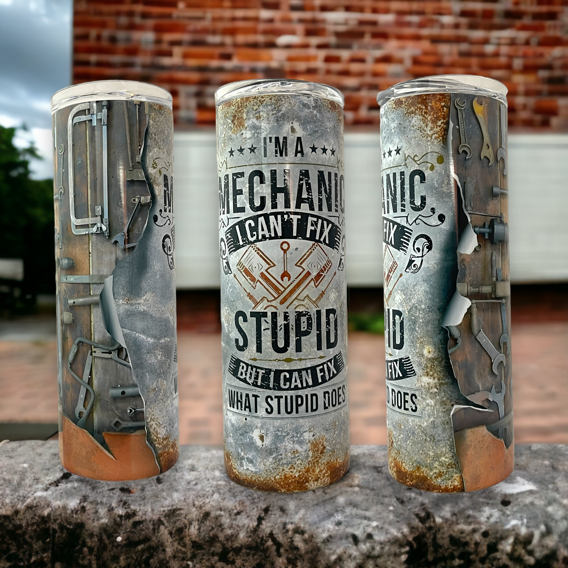 20oz stainless steel mechanic tumbler with rustic tool design and humorous mechanic quote by Macies Handmade Treasure's