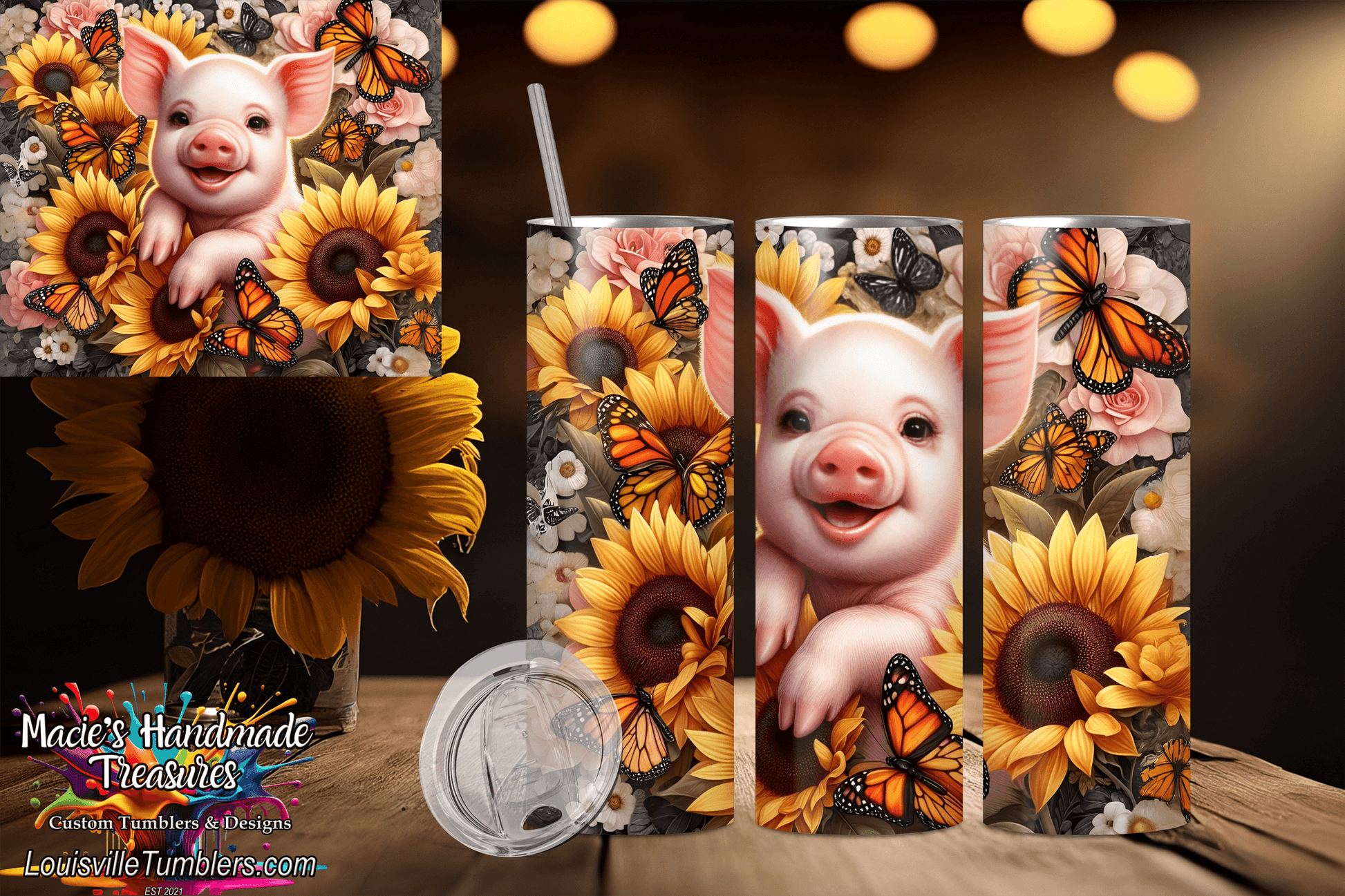 20oz pig sunflower tumbler with colorful sunflowers, butterflies, and a smiling pig design by Macies Handmade Treasure's