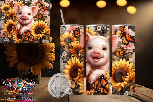 20oz pig sunflower tumbler with colorful sunflowers, butterflies, and a smiling pig design by Macies Handmade Treasure's