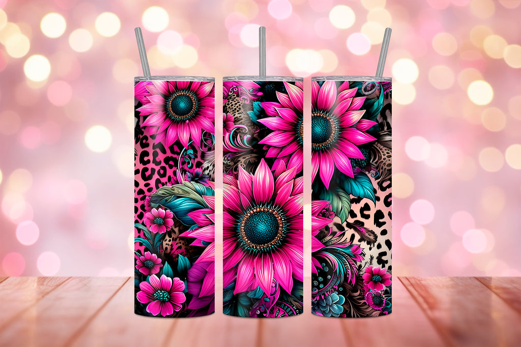 20oz pink tumbler with vibrant pink sunflower and leopard print design by Macies Handmade Treasure's