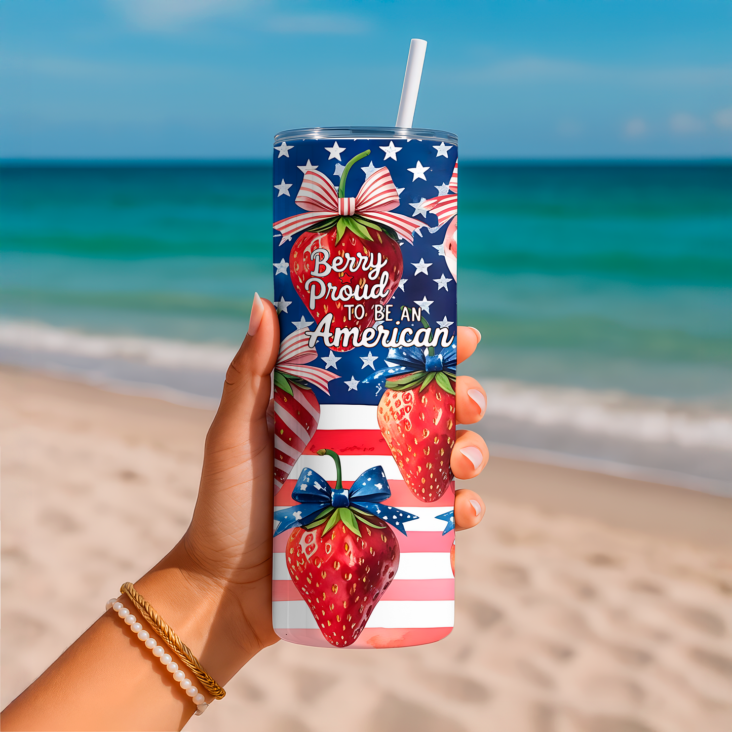 20oz tumbler with strawberry design and American flag background by Macies Handmade Treasure's