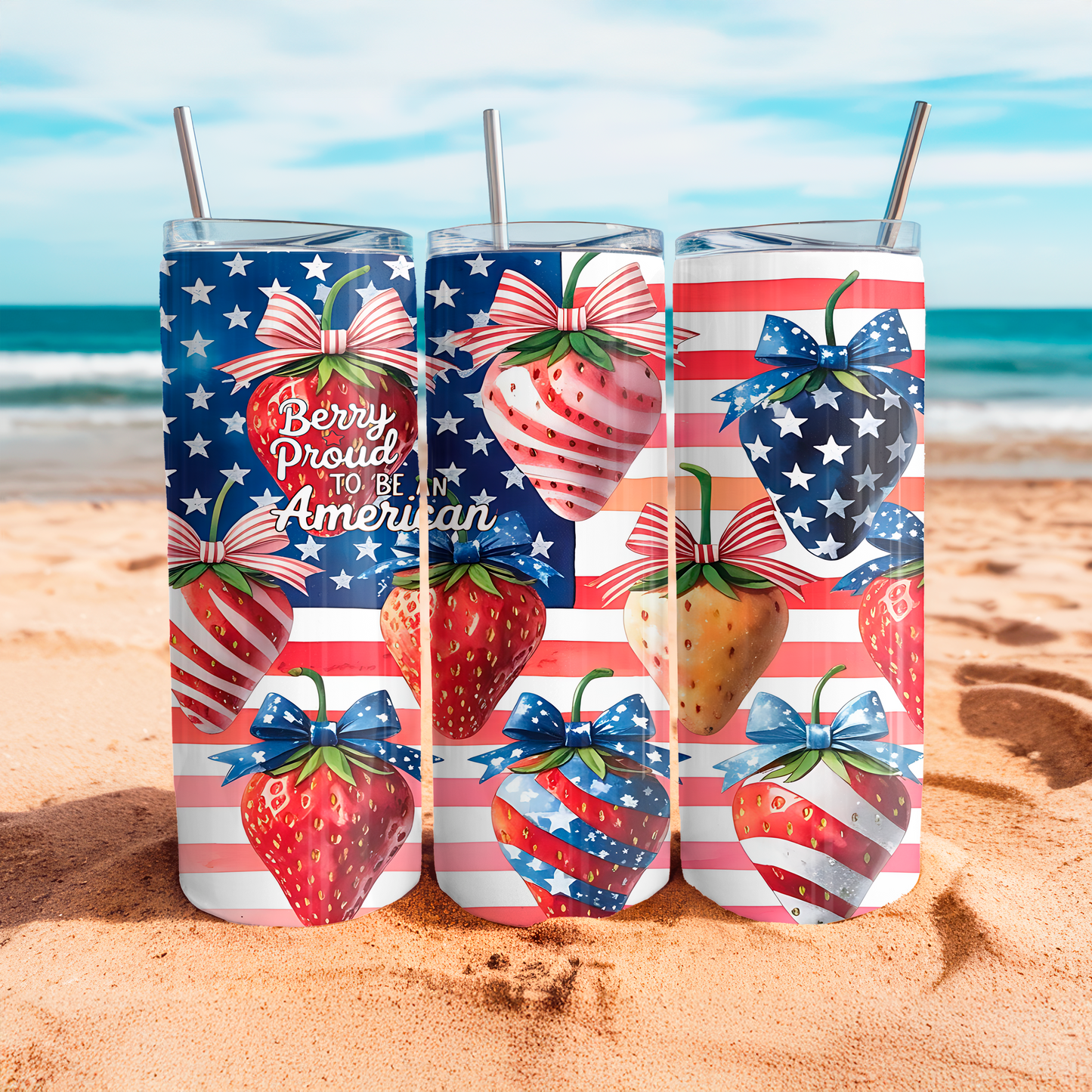 20oz Macies Handmade Treasure's tumbler with patriotic strawberry design in red white blue
