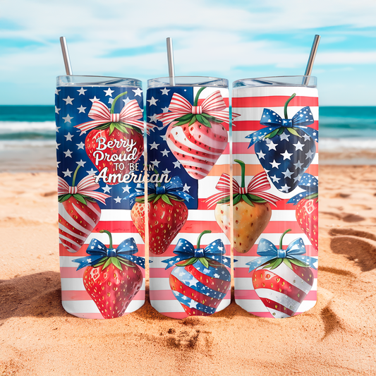 20oz Macies Handmade Treasure's tumbler with patriotic strawberry design in red white blue