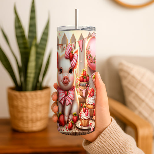 20oz strawberry tumbler with cute pig design and strawberry cupcakes by Macies Handmade Treasure's