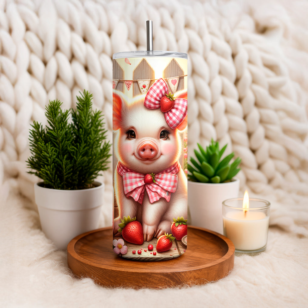 20oz strawberry tumbler by Macies Handmade Treasure's featuring a cute pig with pink bow and strawberries on a cozy background