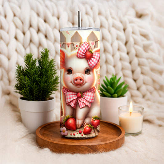 20oz strawberry tumbler by Macies Handmade Treasure's featuring a cute pig with pink bow and strawberries on a cozy background