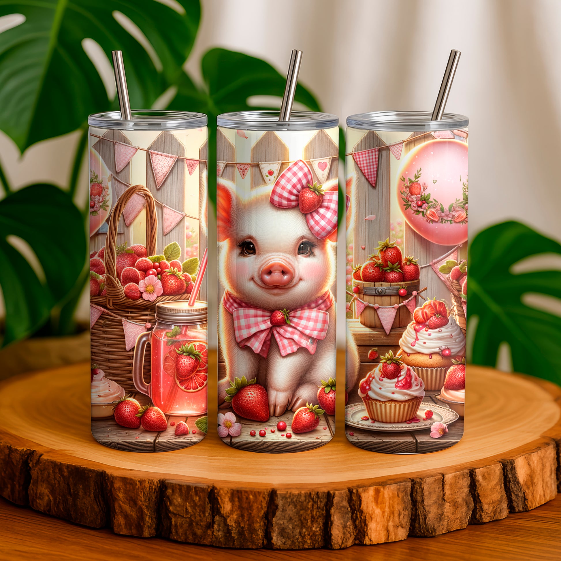 20oz strawberry tumbler with cute piglet and strawberry dessert design by Macies Handmade Treasure's
