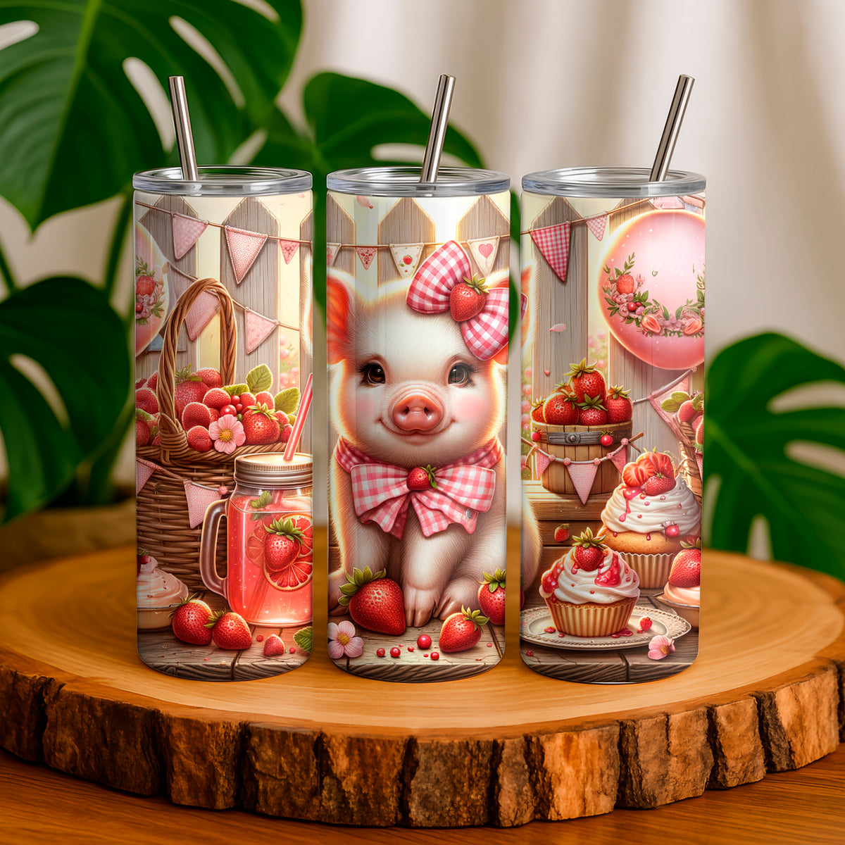 20oz strawberry tumbler with cute piglet and strawberry dessert design by Macies Handmade Treasure's